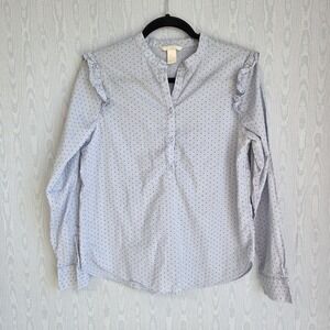 H&M Womens 8 Shirt Top Blouse Ruffle Blue Polka Dot‎ Cotton Cottage Prairie Boho